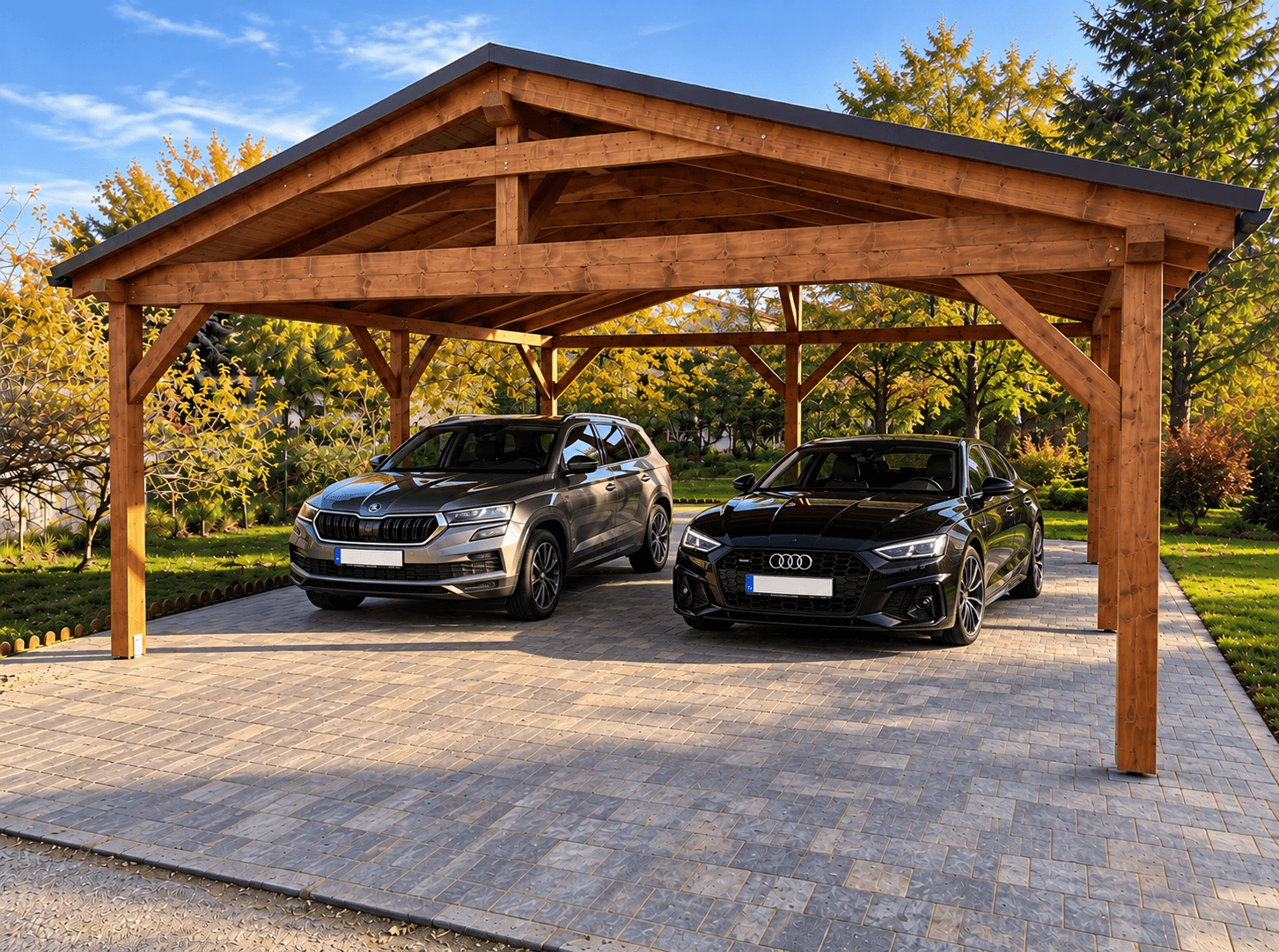 Drewniany carport z dwoma autami drewniany carport dwa samochody kostka brukowa zieleń drzewa
