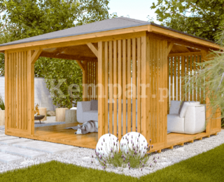 altana drewniana nowoczesna otwarta meble ogrodowe trawa