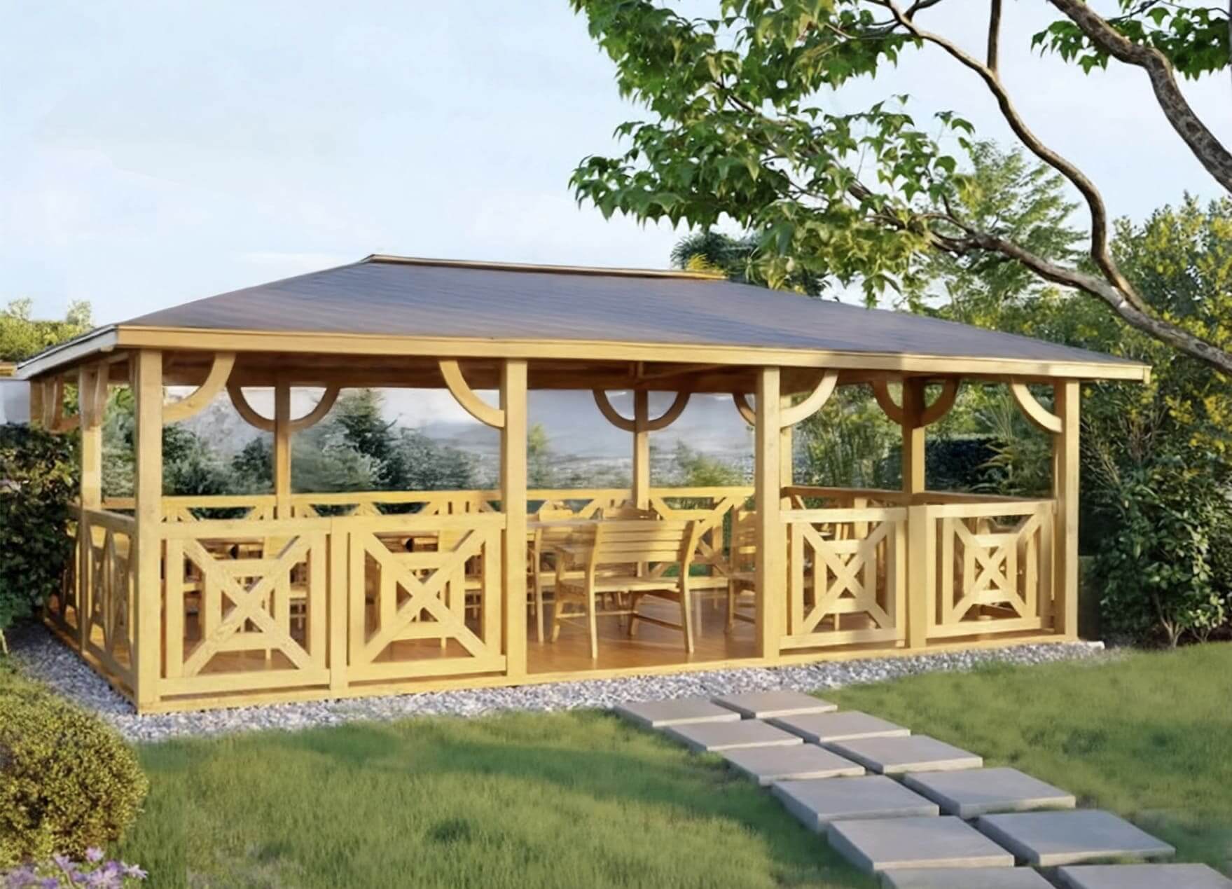 drewniana altana ogrodowa z meblami i ścieżką kamienną