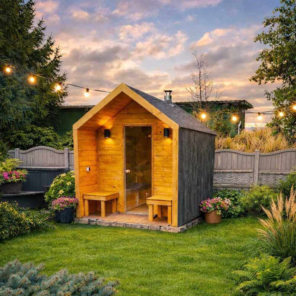 drewniana sauna ogrodowa oświetlona lampkami wieczorem
